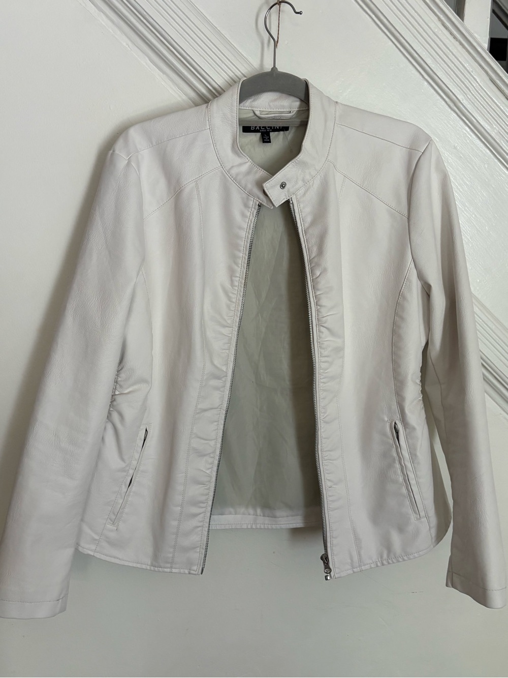 Baccini White Faux Leather Moto Jacket